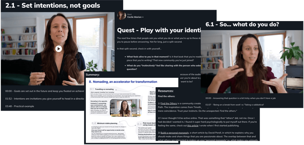 Screenshots of the On Sabbatical playbook: lesson videos, a quest and the resources section