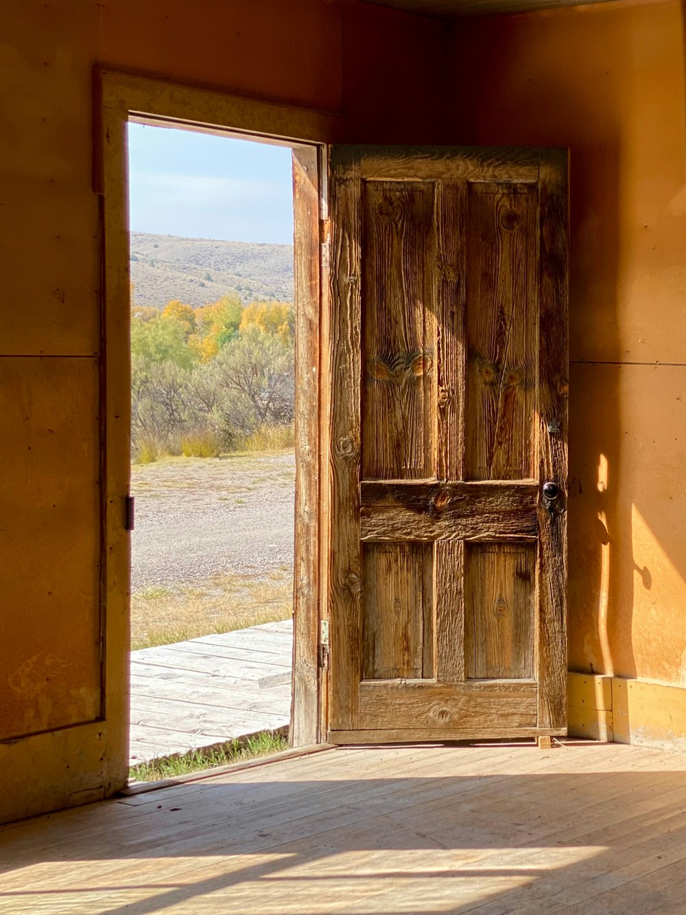 A weathered wooden door wide open onto autumn hills, sunlight falling across the floorboards