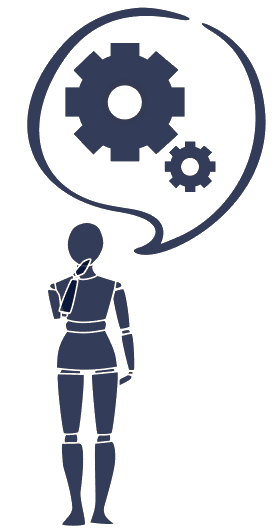 A hand-drawn mannequin figure with a thought bubble full of cogs, from one of the visual summaries